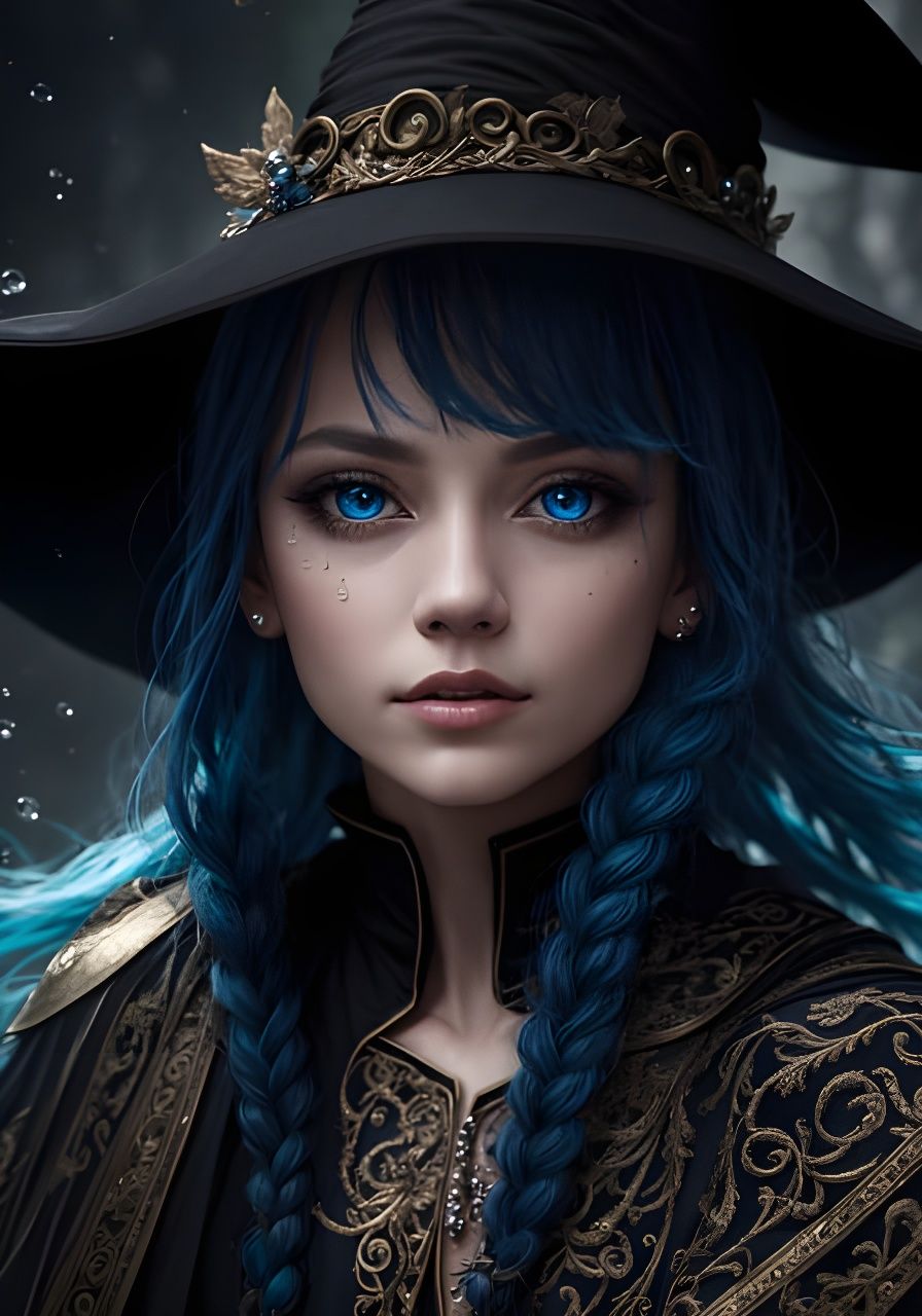 Blue-Haired Witch Portrait with Holographic Effects