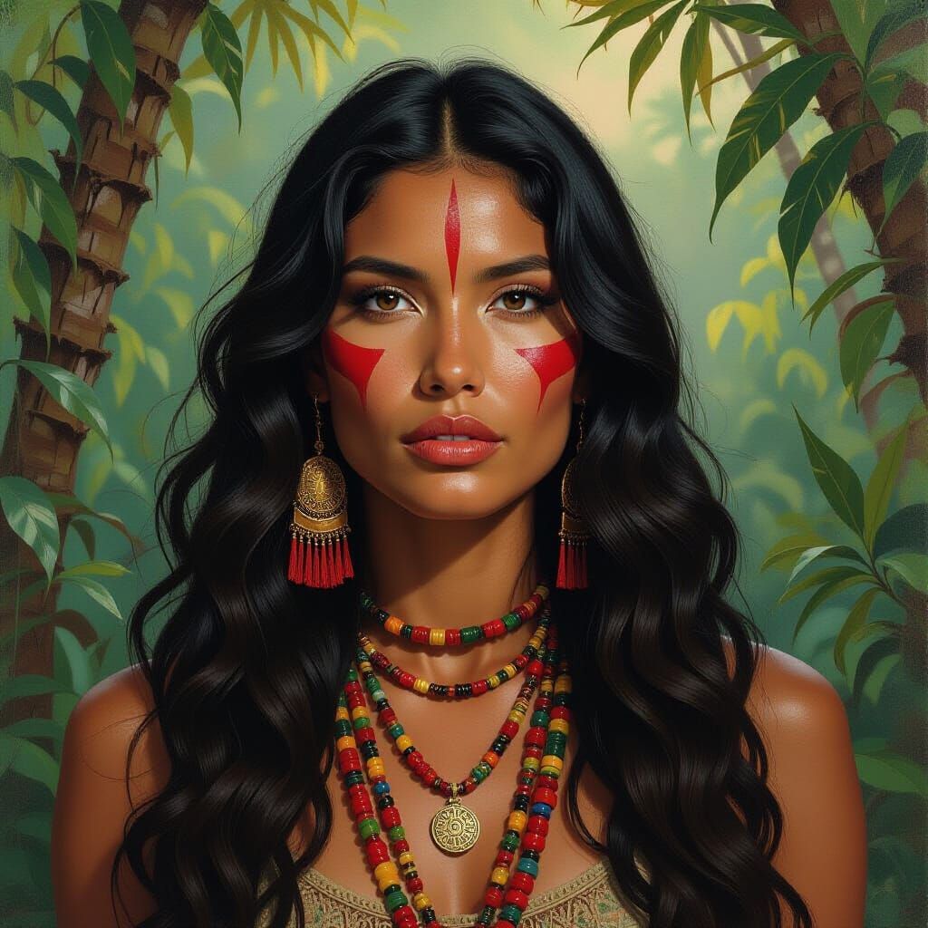 Yanomami Woman Portrait in Oil Painting Style