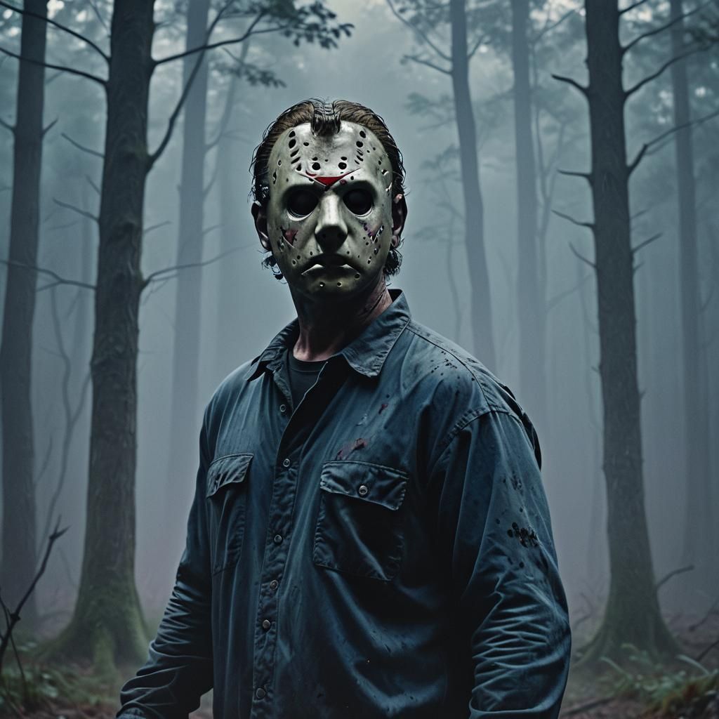 Jason Voorhees Unmasked in Misty Forest
