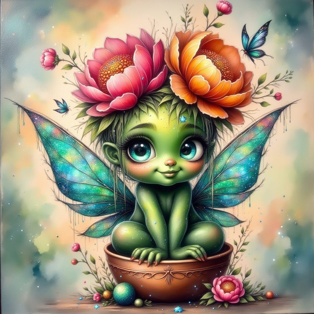 Whimsical Oil Painting of a Delighted Green Cactus in a Roya...