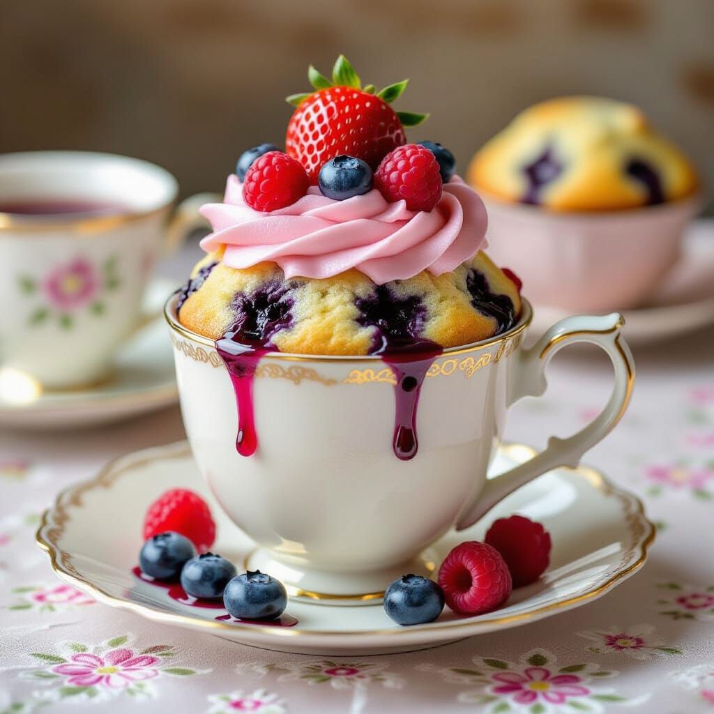 Juicy Blueberry Muffin Mug Cake with Strawberry Frosting