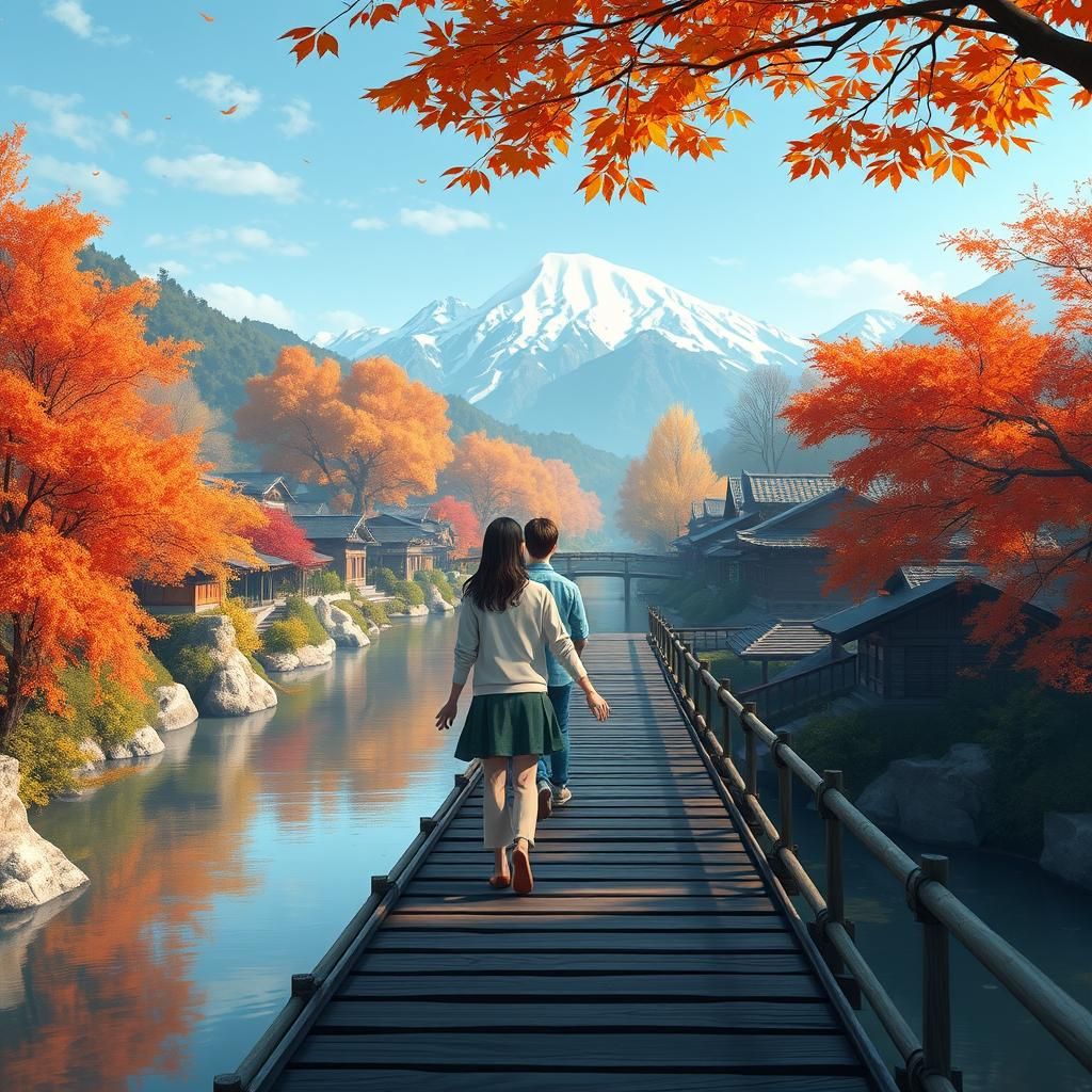 Autumn Couple Stroll in Bamboo Forest Village