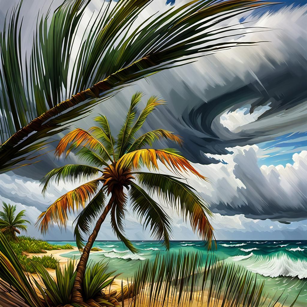 Surreal Palm Tree Hurricane in Impressionist Style