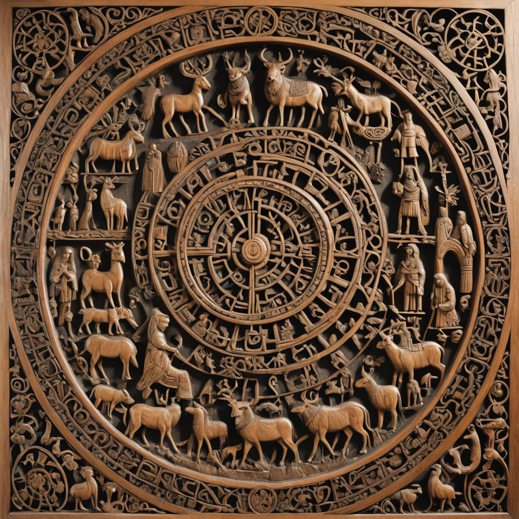 Norse Mythology Scene Carved in Wood