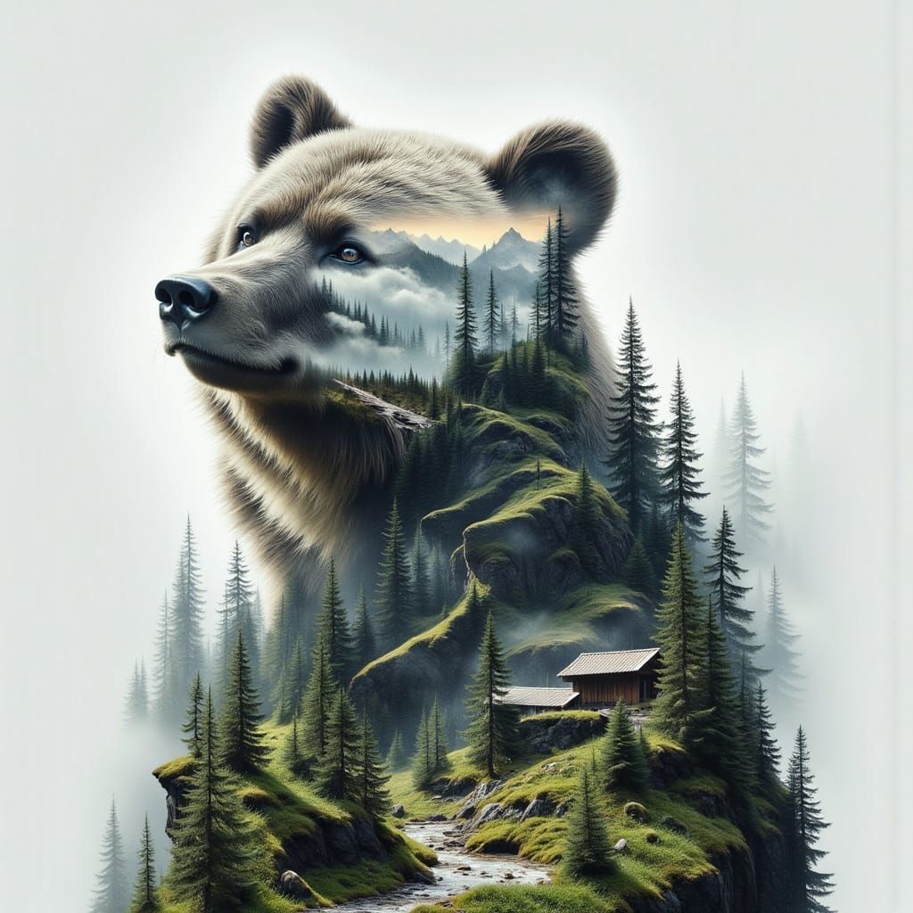Double Exposure Bear in Mountain Landscape
