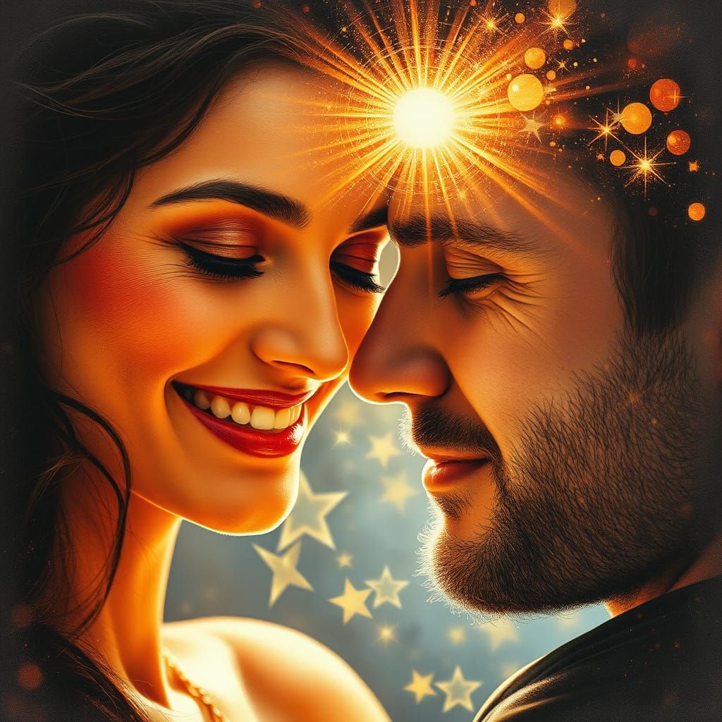 Double Exposure Portrait: Man & Woman in Charcoal and Gold