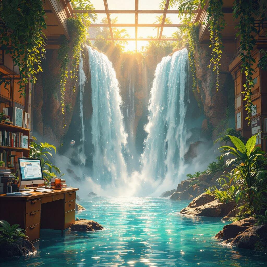 Waterfall Cascades from Cluttered Desk: Digital Painting