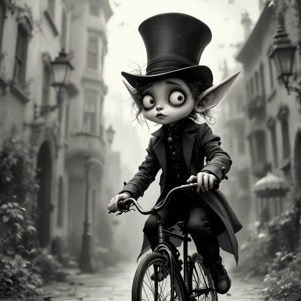 Whimsical Elf on Unicycle in Grayscale Victorian Fantasy