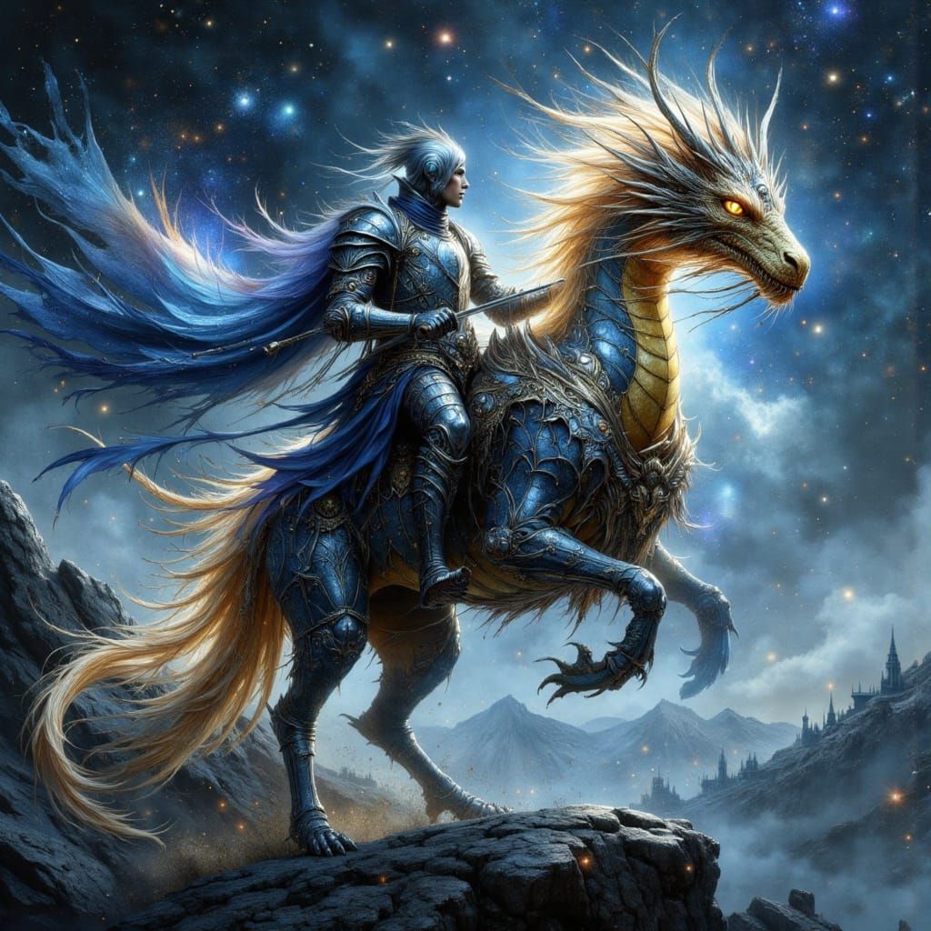 Knight Riding Bioluminescent Dragon Through Nebula Sky