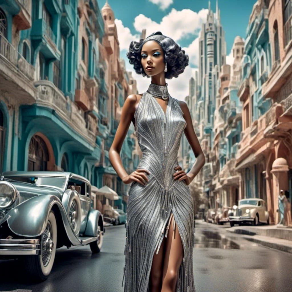 Futuristic 1920s Doll in Miami, Art Deco Style