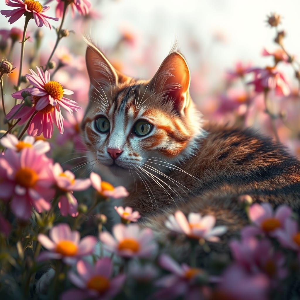 Calico Cat Amidst Vibrant Wildflowers in Fantastical Landsca...