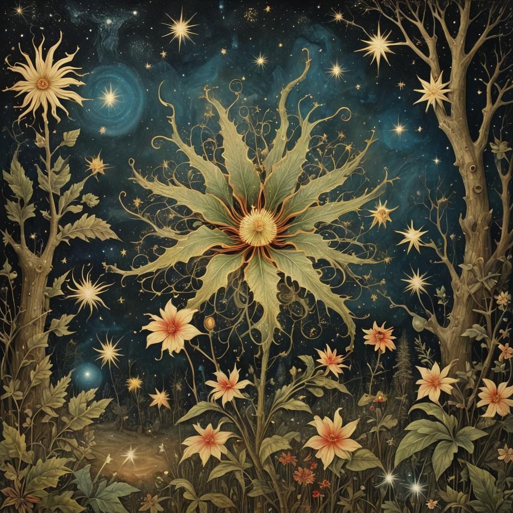 Surreal Cyborg Forest with Starry Night Elements