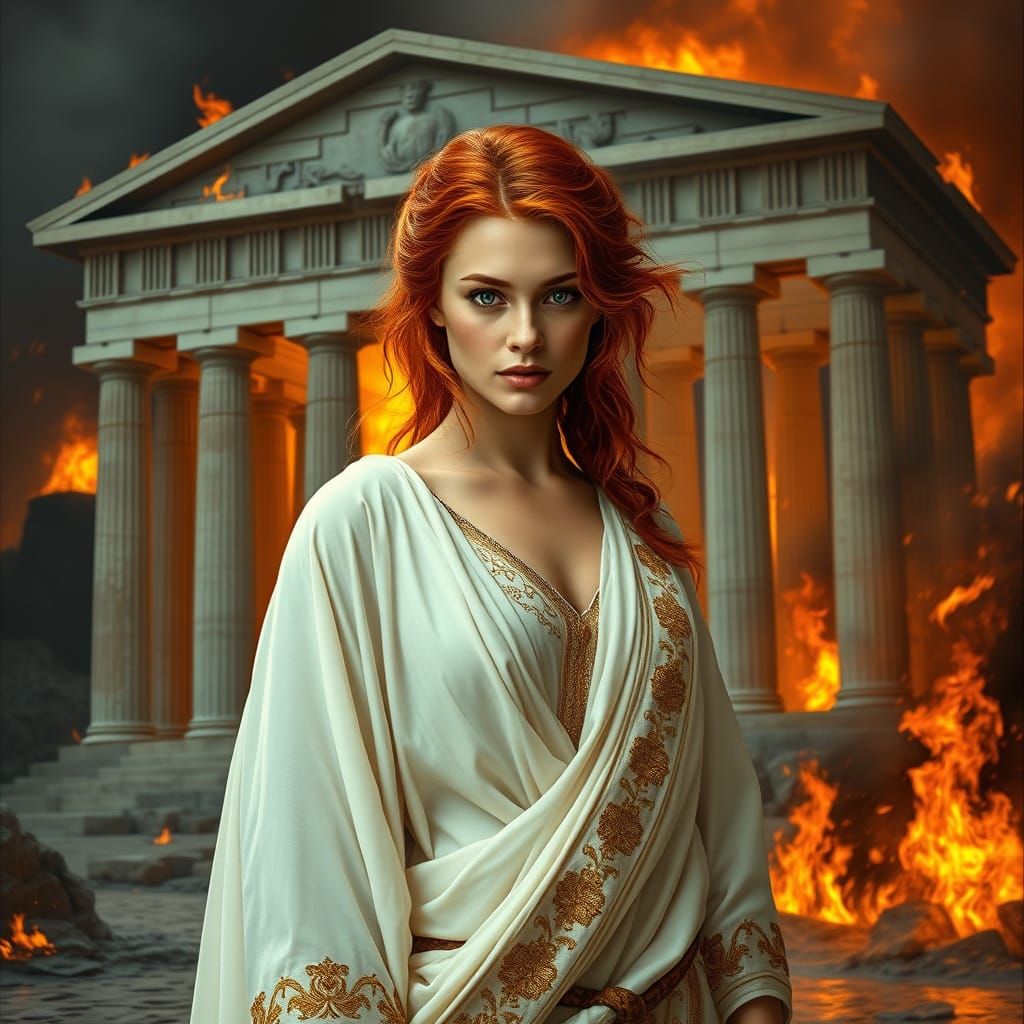 Ethereal Woman Defies Flames in Ancient Temple