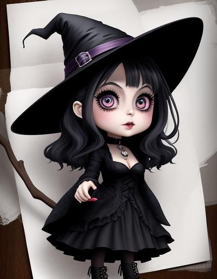 Mysterious Chibi Witch in Tim Burton Style