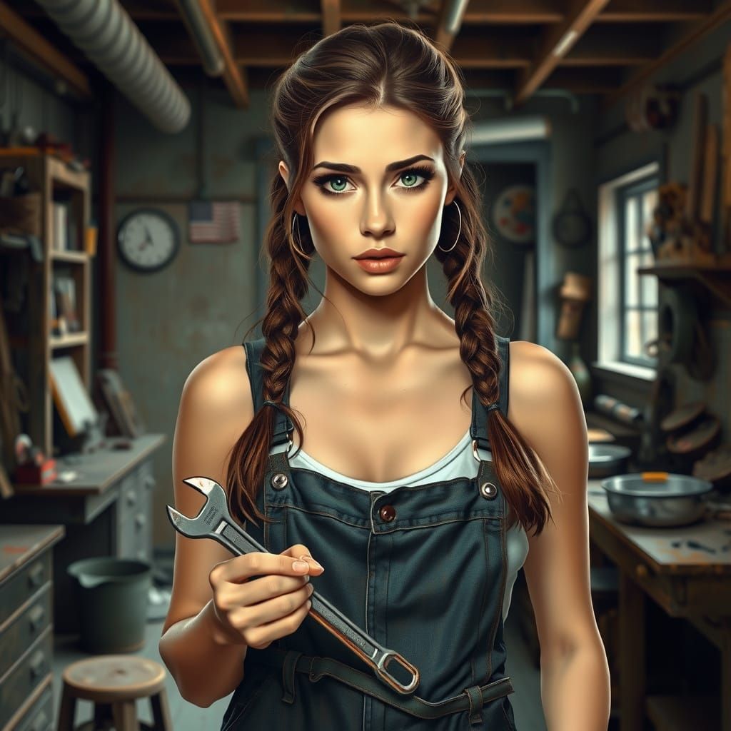 Woman in Dirty Overalls Works in a Gritty Garage