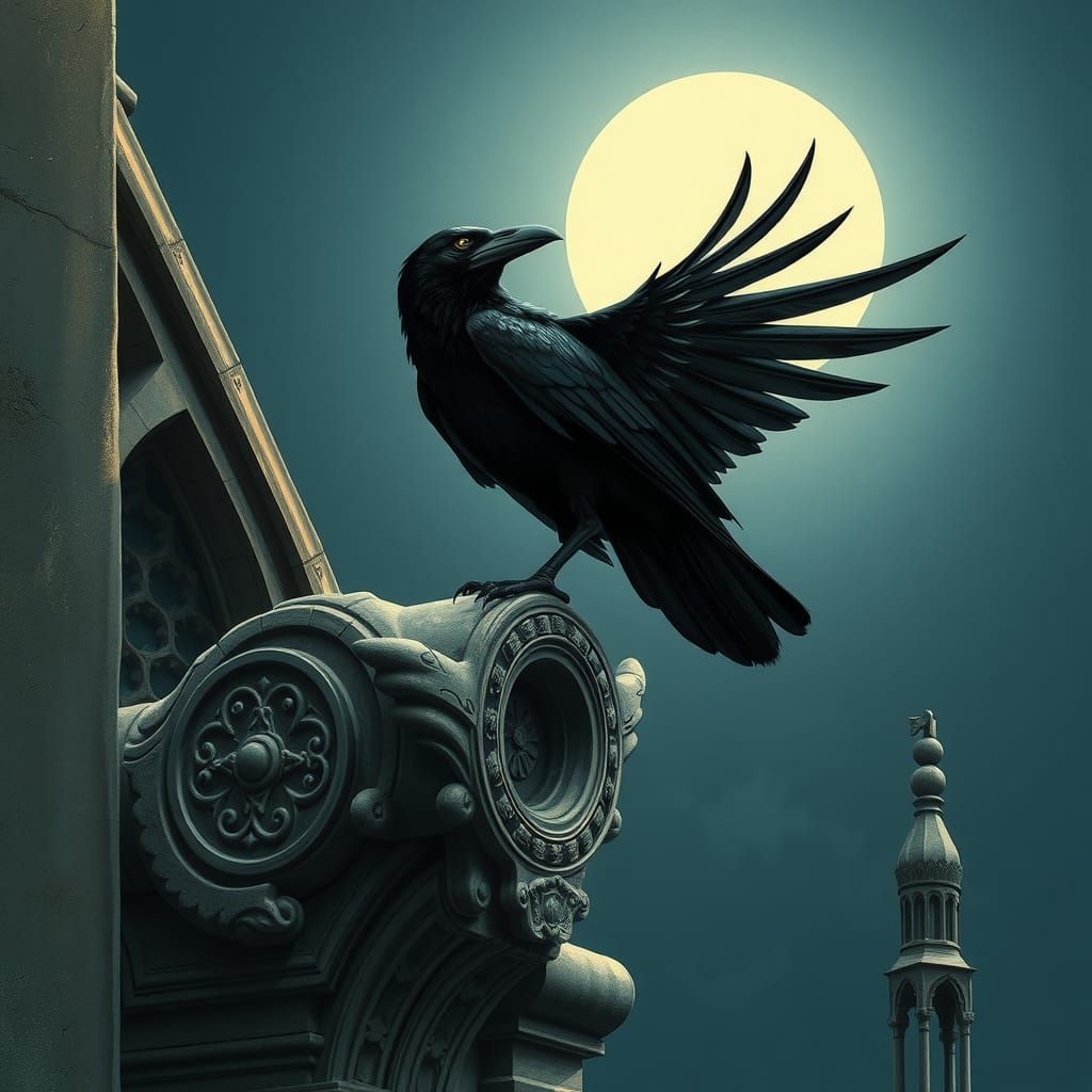 Raven's Flight from Stone Gargoyle in Ethereal Moonlight