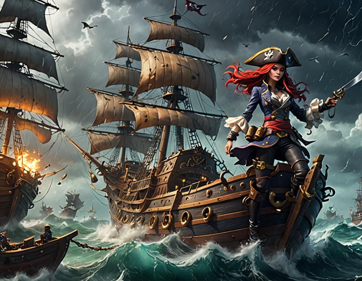 Miss Fortune on Pirate Ship in Stormy Weather