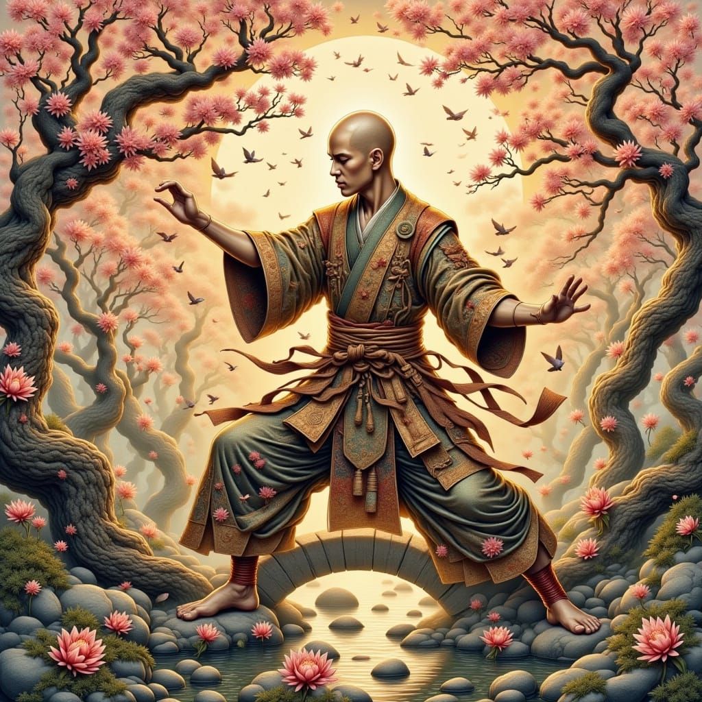 Surreal Monk in Dynamic Tai Chi Pose at Sunrise
