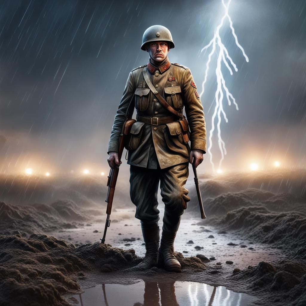 WWI Soldier in Mud and Rain at Night