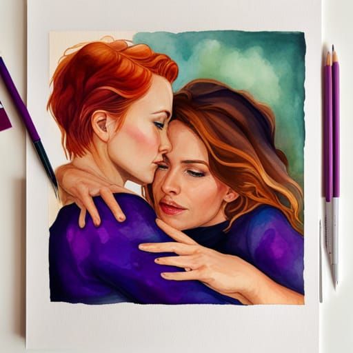 Romantic Watercolor of Two Women Cuddling