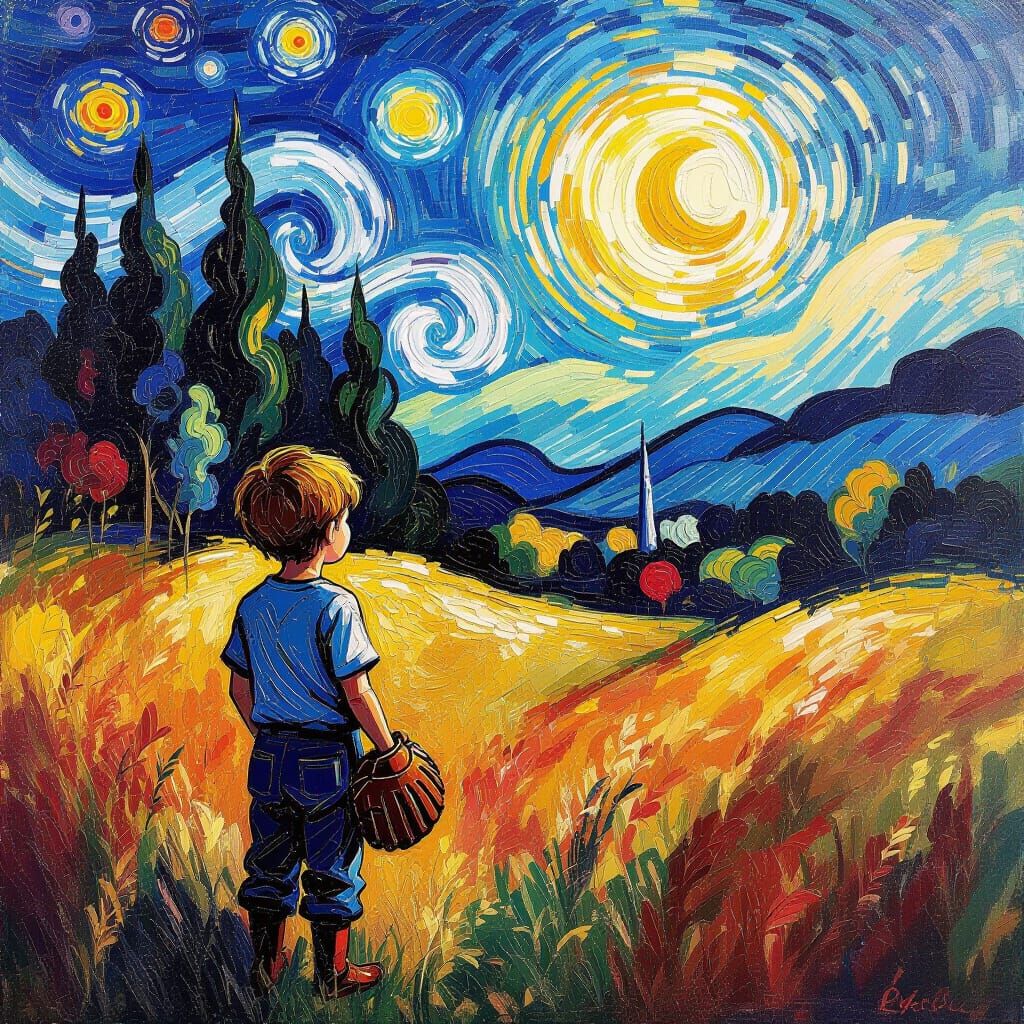 Child with Baseball Glove in Swirling Abstract Colors