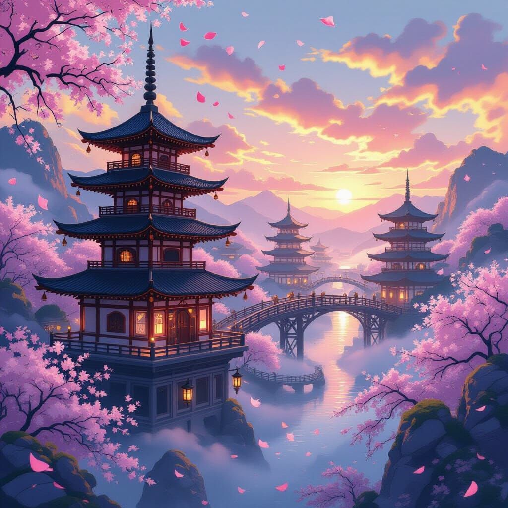 Floating Pagodas in Misty Sky with Cherry Blossom Bridges