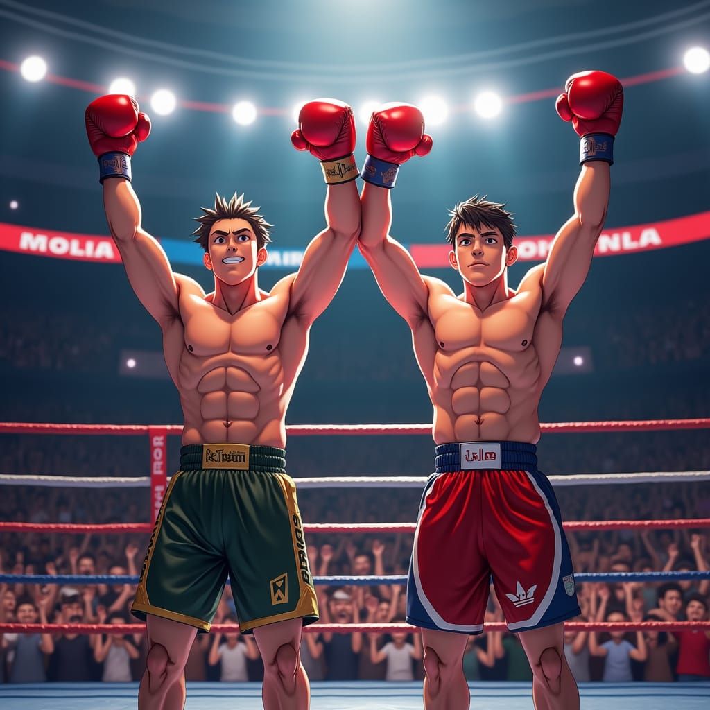 Victorious Kickboxers in Anime Style Championship Ring