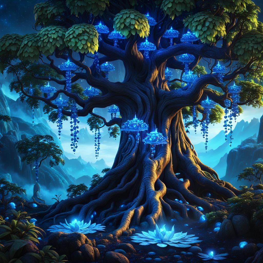 Mystical Gem Tree with Bioluminescent Fairies