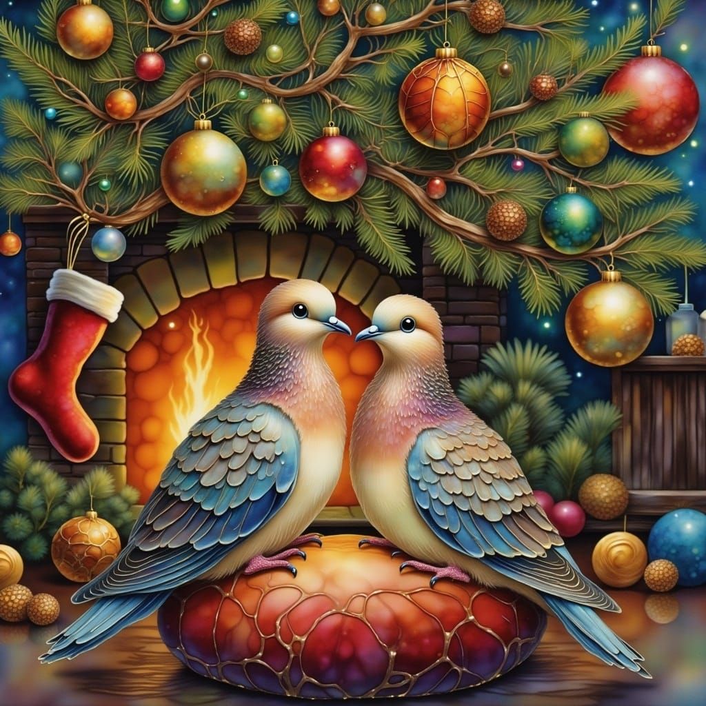 Winter Wonderland with Turtle Doves and Christmas Tree