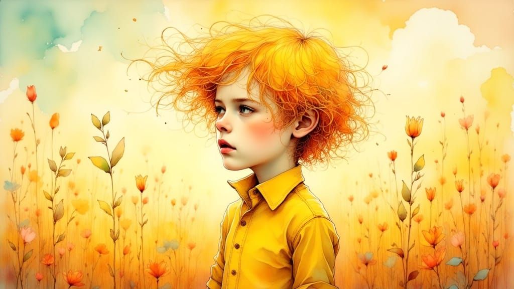 Golden-Haired Boy in Sunlit Field, Whimsical Art