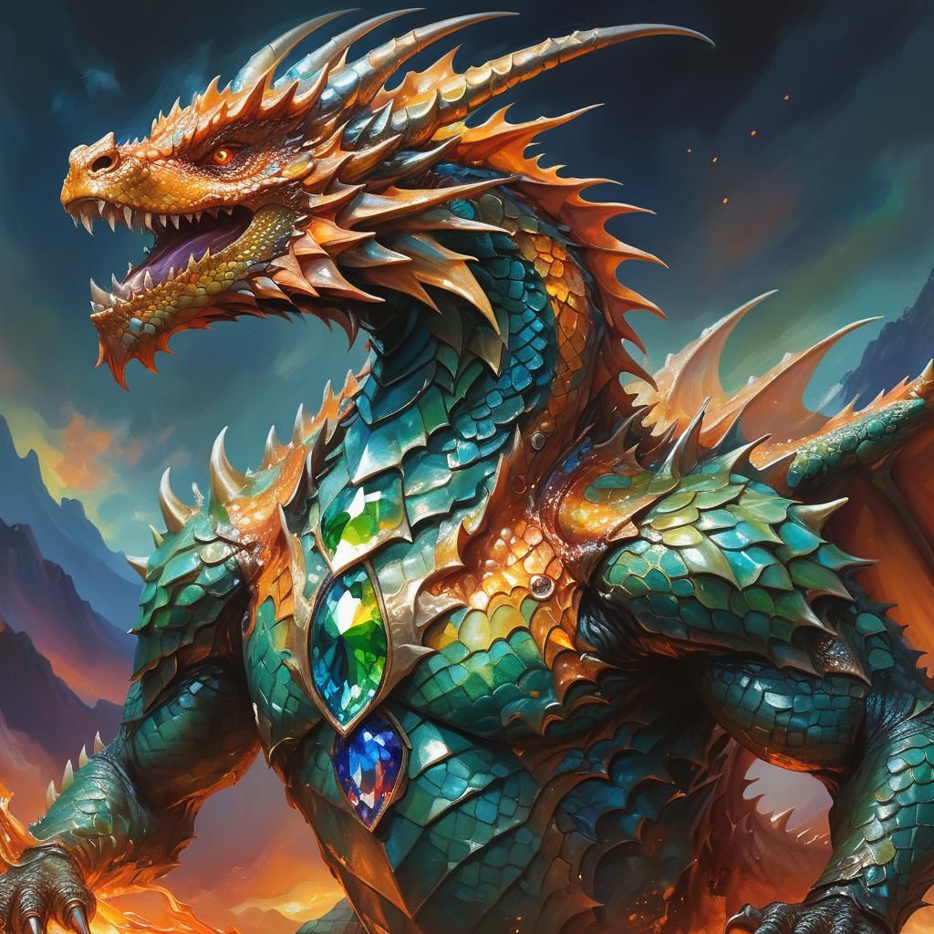 Fiery Dragon with Jewel, Fantasy Oil Painting