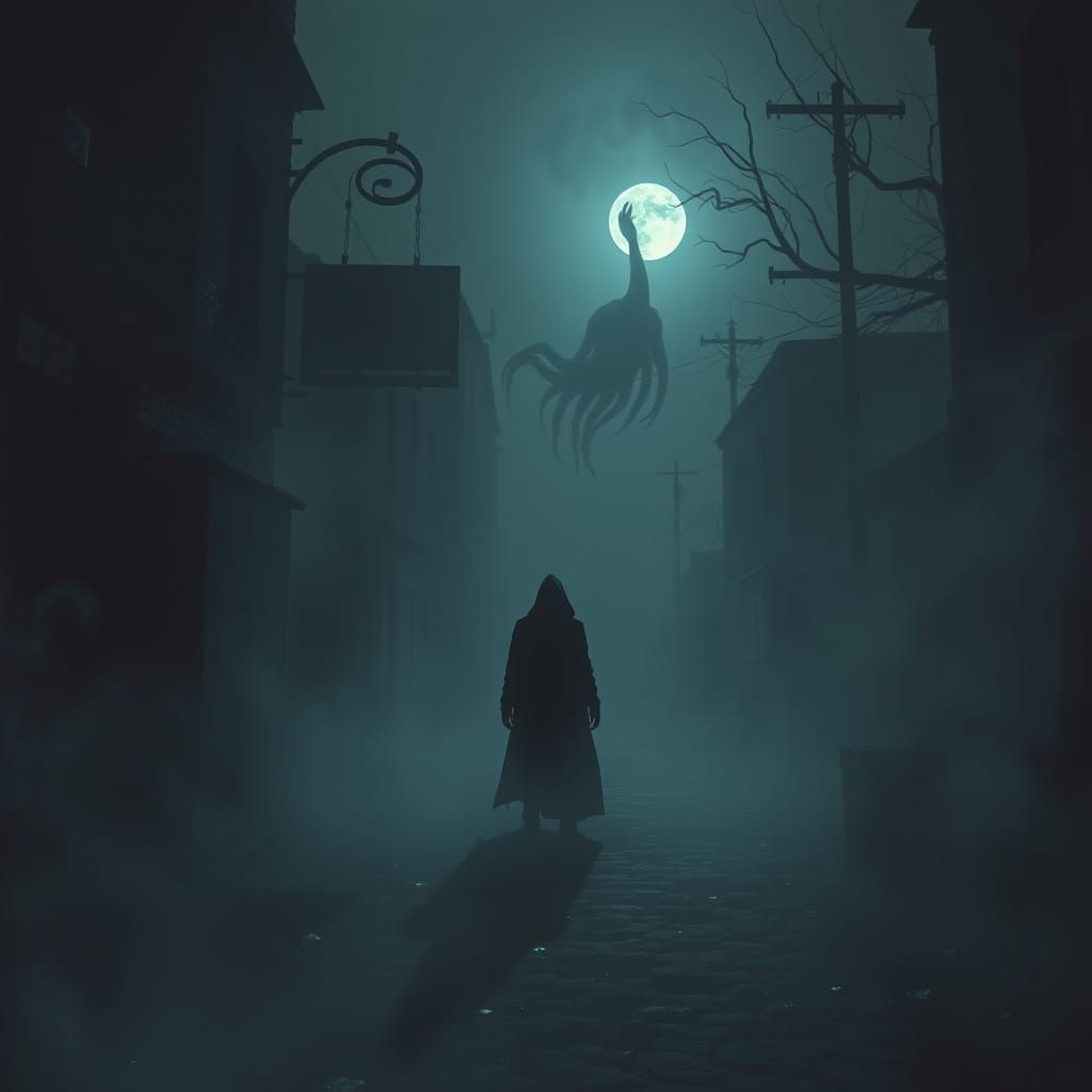 Shadows Dance in Desolate Street Under Dark Mist