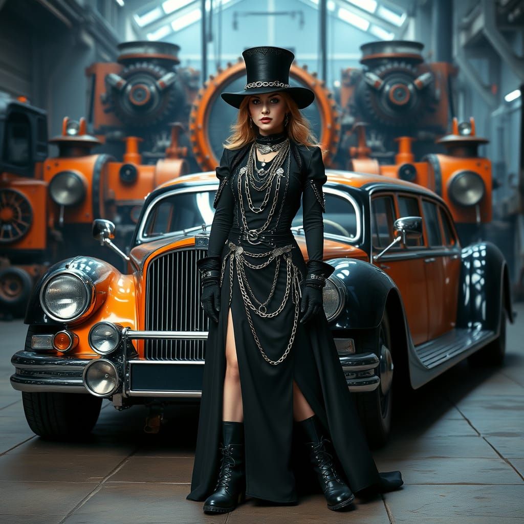 Steampunk Woman and Limousine in Hyperrealistic Style