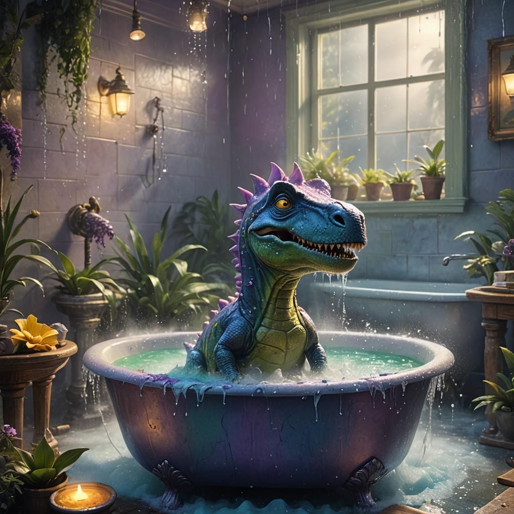 Dinosaur's Dreamy Bath: A Fantastical Matte Painting