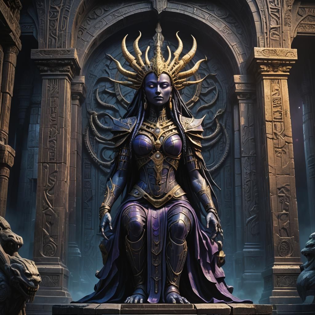 Gothic Goddess Shar Statue in Dark Temple