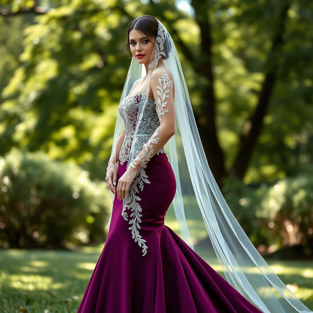 Elegant Bride in Plum Gown with Silver Beading