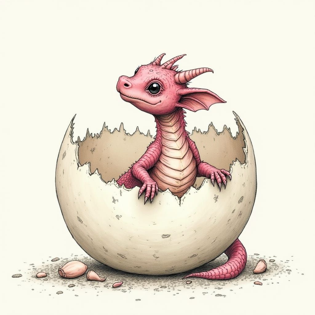 Surreal Baby Dragon Hatches from Ancient Egg in Whimsical St...