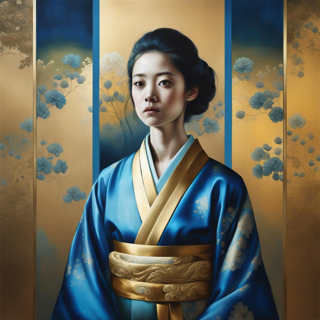Portrait of Lady in Gold and Blue Kimono