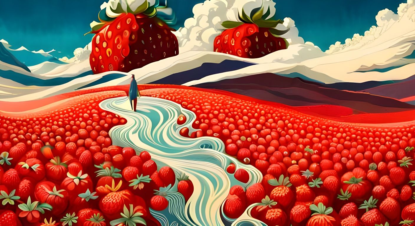 Hyperrealistic Strawberry on Psychedelic Sea, Digital Art
