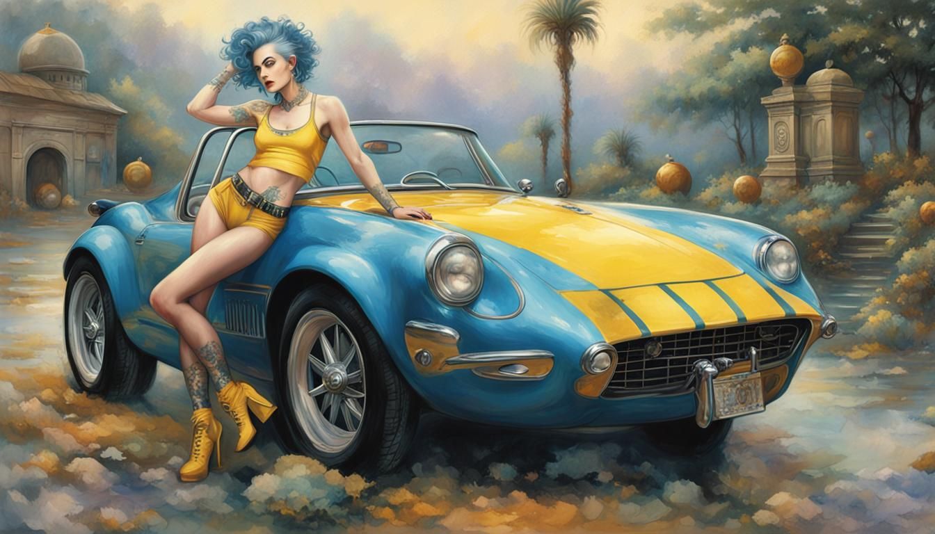 Blue-Haired Woman with Tattoos Leaning on Car