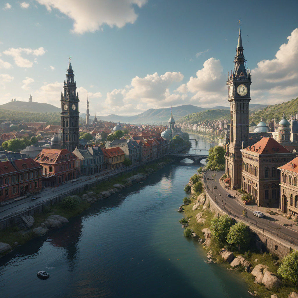 Retrofuturistic Russian Cityscape with Clock Tower and River