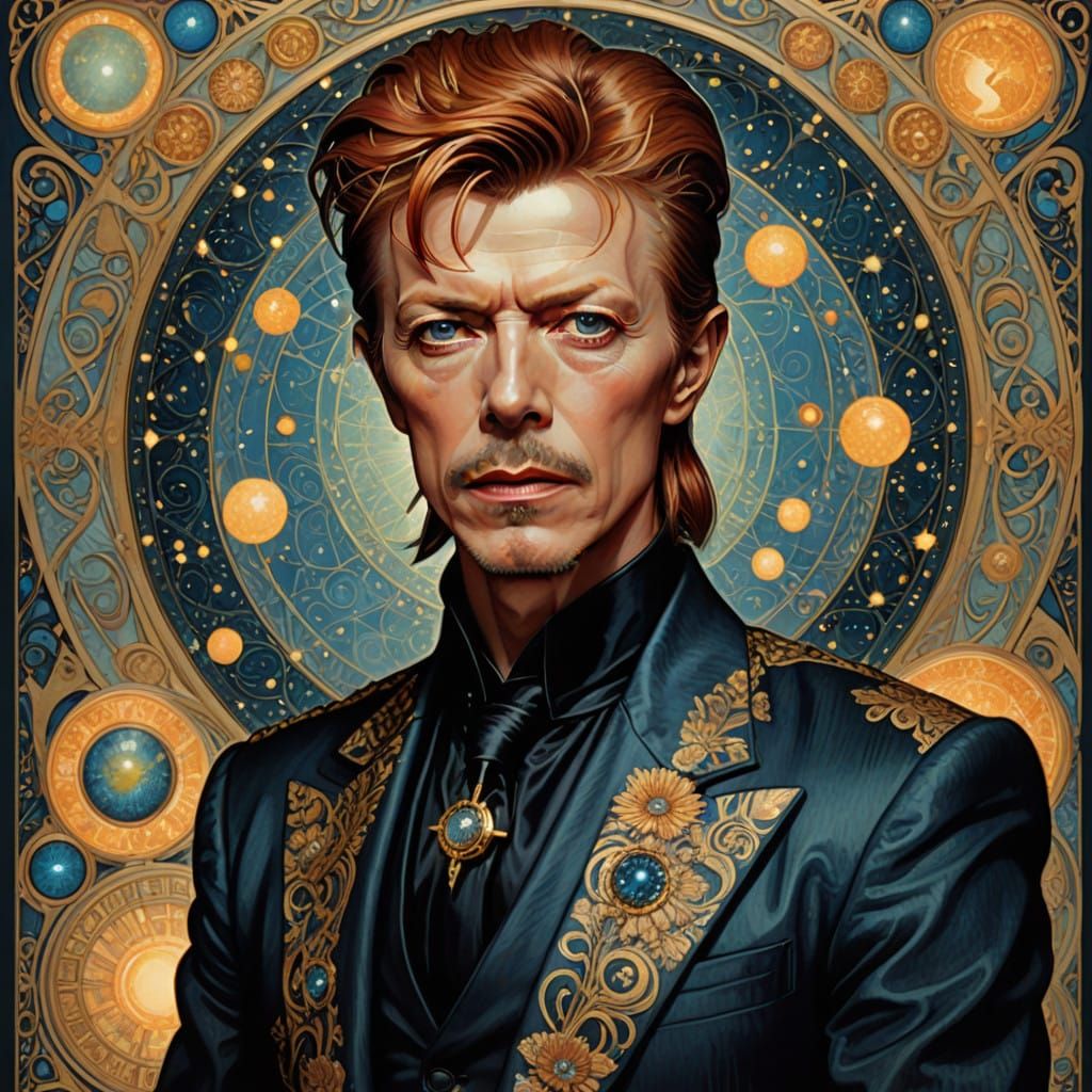 Ethereal David Bowie in Art Nouveau Landscape, with Tarot Ca...