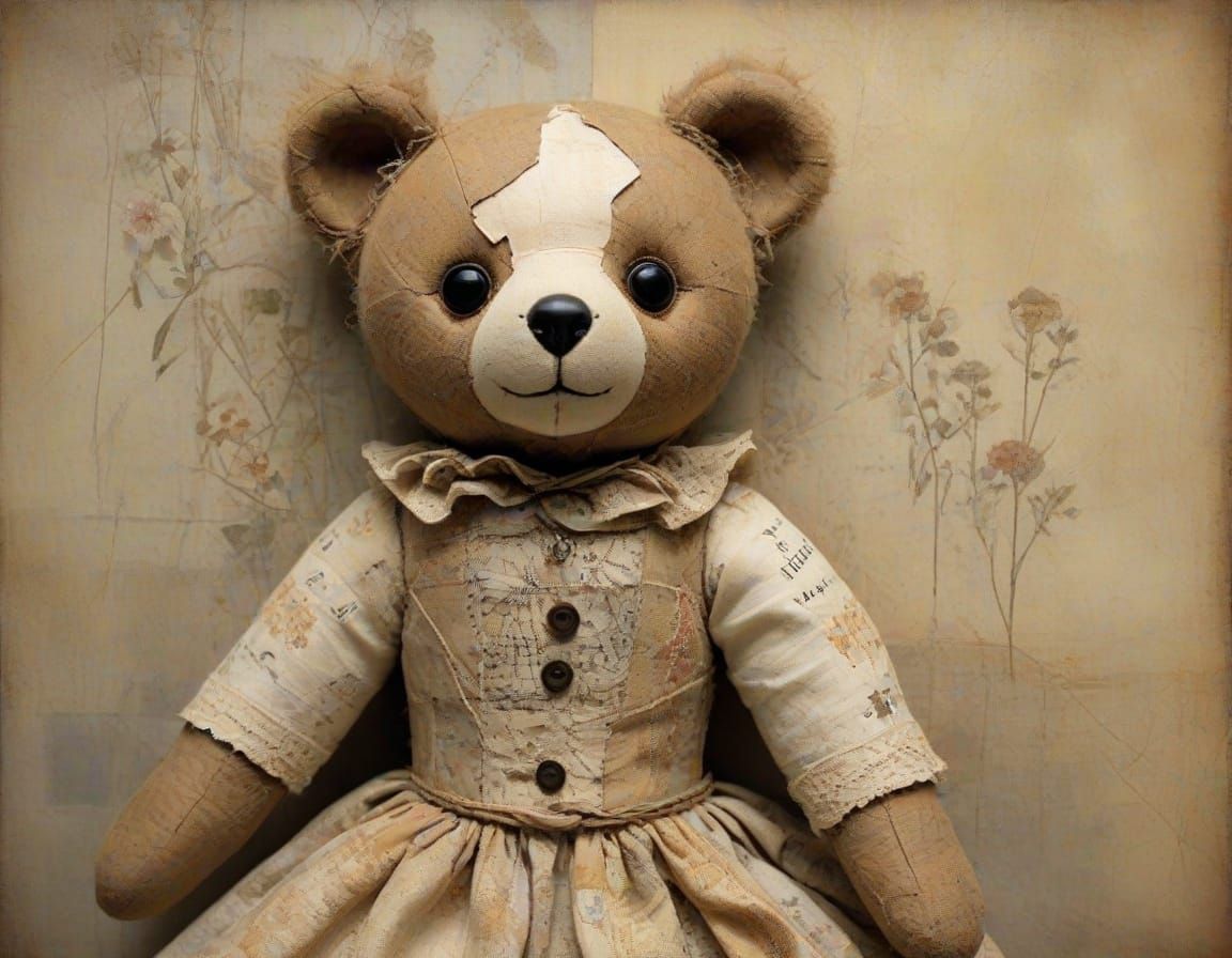 Worn Patchwork Teddy Bear Amidst Tattered Textures