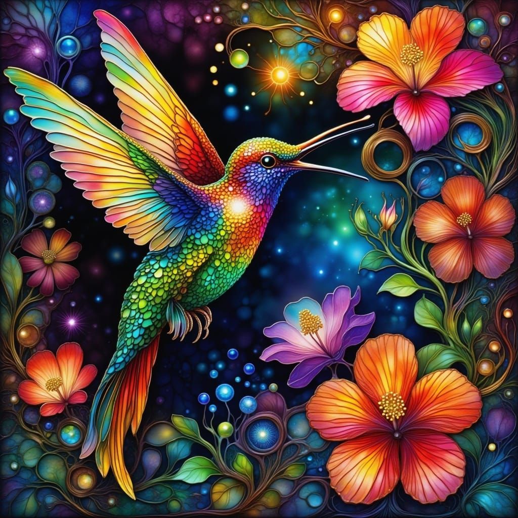 Iridescent Rainbow Hummingbird in Jugendstil Style