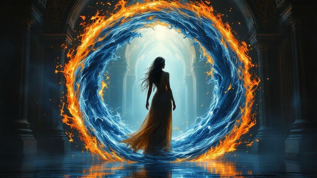Mystical Woman in Gothic Archway with Fire and Water
