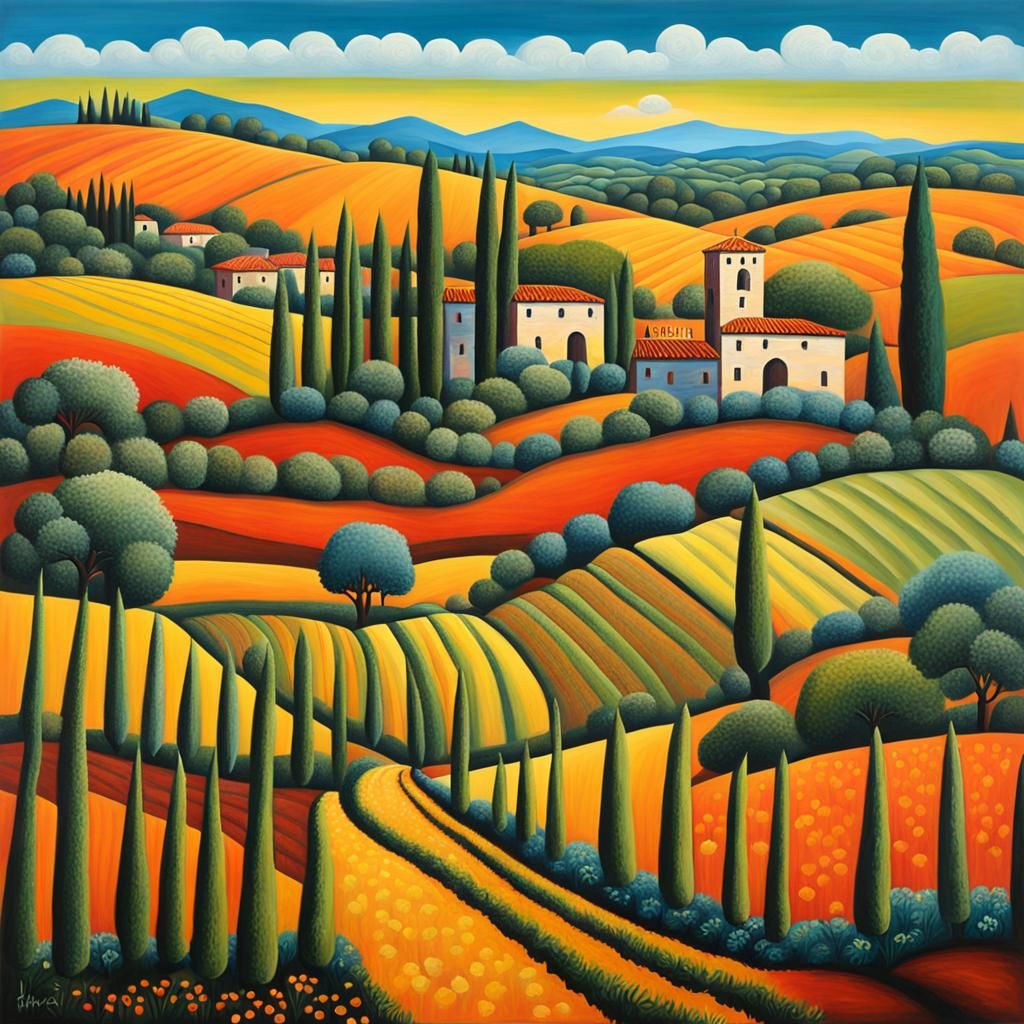 Surreal Tuscany Landscape in Naive Pop Art Style