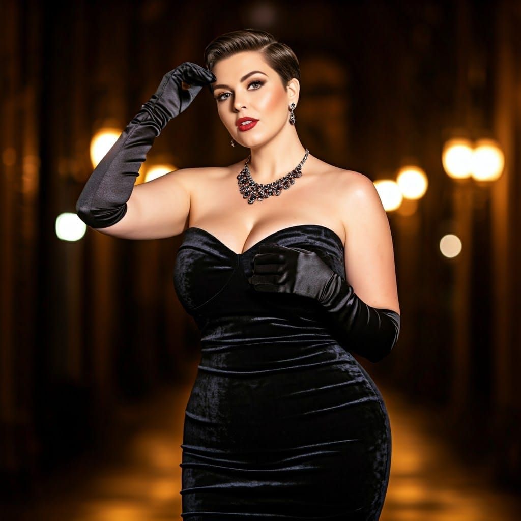 Attractive Curvy Woman in Velvet Dress, Professional Photo