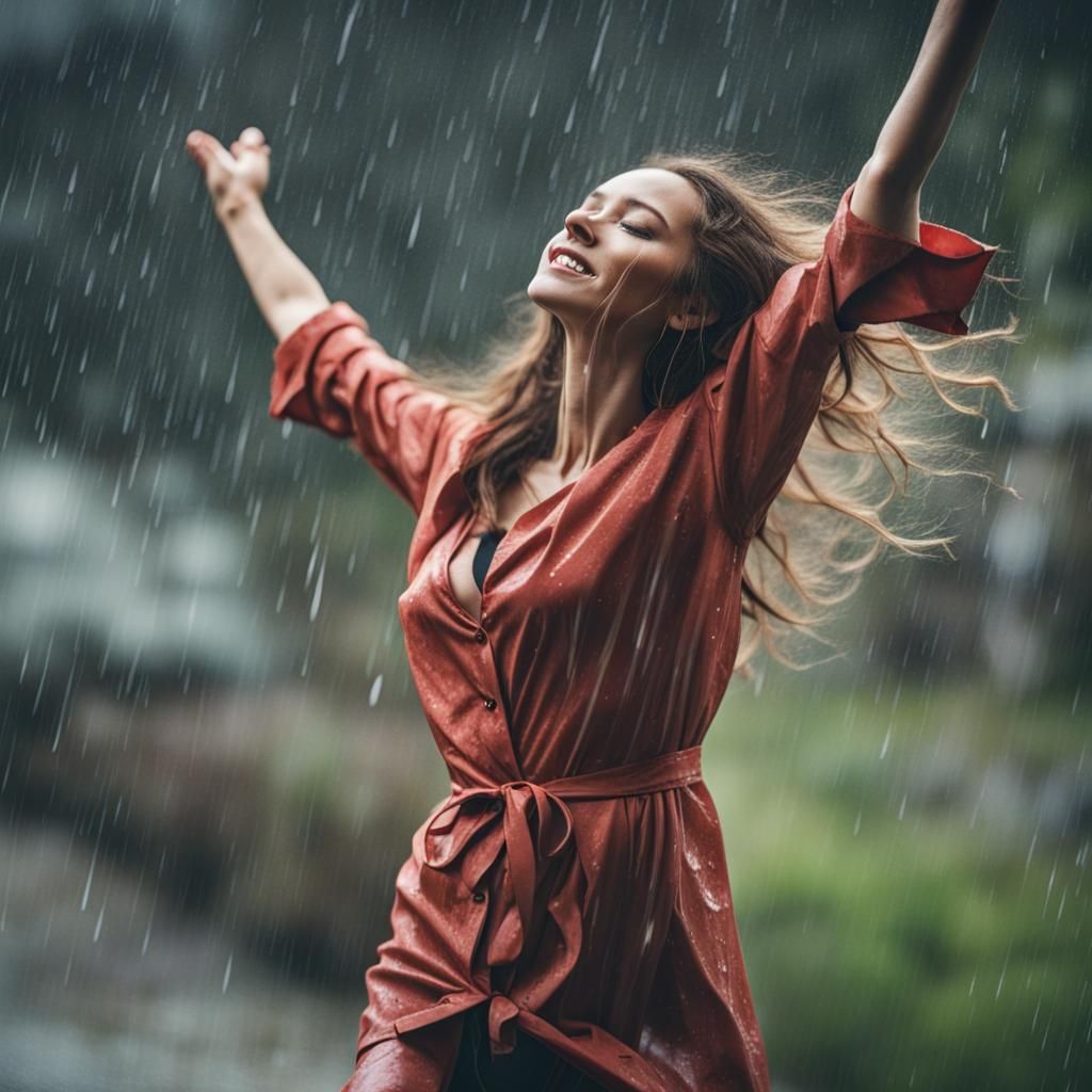 Woman Dancing Joyfully in Rain