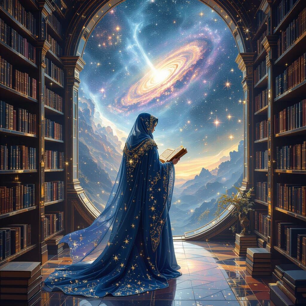 Celestial Librarian in Cosmic Library, Surreal Style