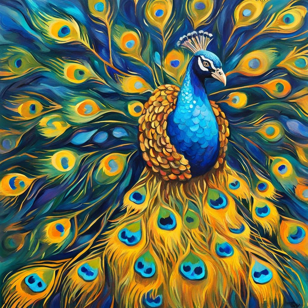 Iridescent Labradorite Peacock Gouache Painting